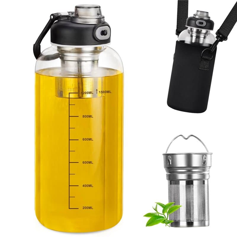 PORFOYO Gourde en verre 1,5 l - Bouteille d'eau en verre borosilicate avec infuseur à thé, bouchon anti-fuite, deux options de b