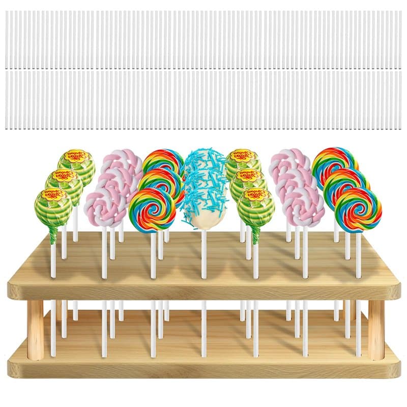 GOEDCH Présentoir à Cake Pops: Support à Sucettes en Bois à 21 Trous avec 100 Bâtonnets en Papier Blanc, Présentoir à Sucettes p