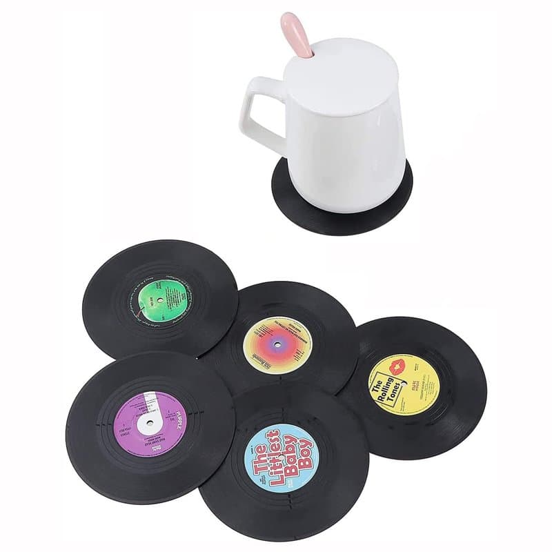 ANCLLO Lot de 12 dessous de verre, 10,4 cm, tapis de table rétro en forme de disque vinyle pour boissons froides et chaudes, pro