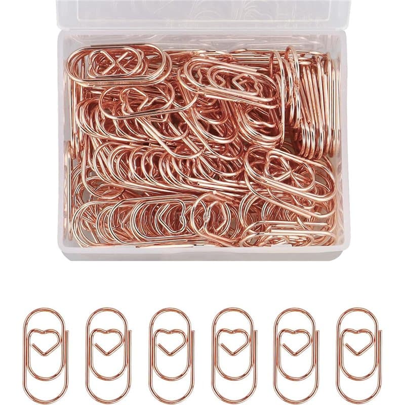 Lot de 140 trombones en forme de cœur or rose avec boîte transparente pour trombones, bureau, salle de classe