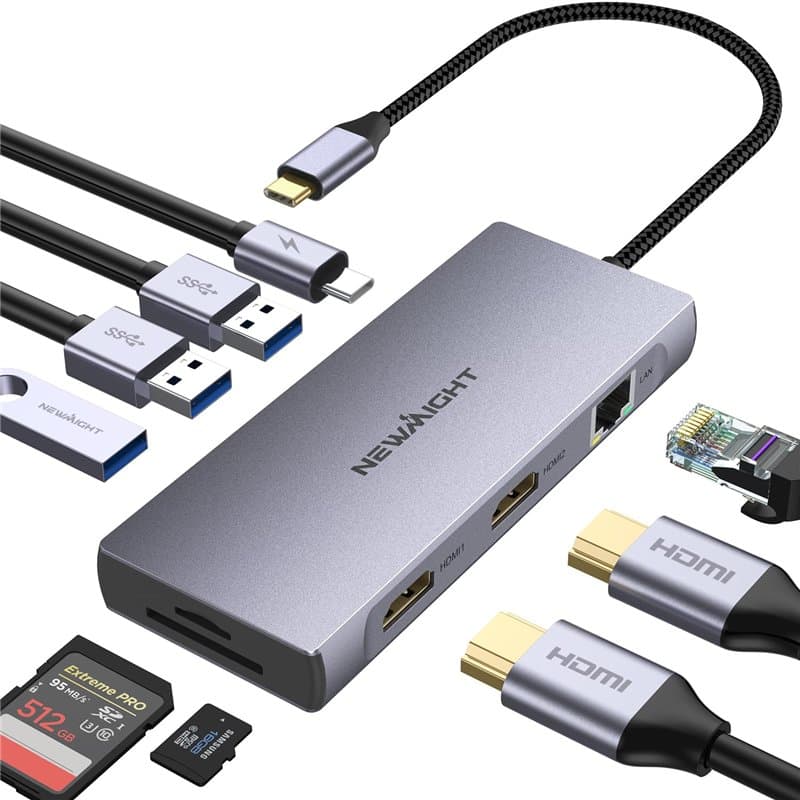 Stations d'accueil USB C Double Moniteur,Newmight 9 en1 Dual HDMI Adapter,avec 2 HDMI 4K, 1 Gbps Ethernet, PD 100W Charging, 3 U