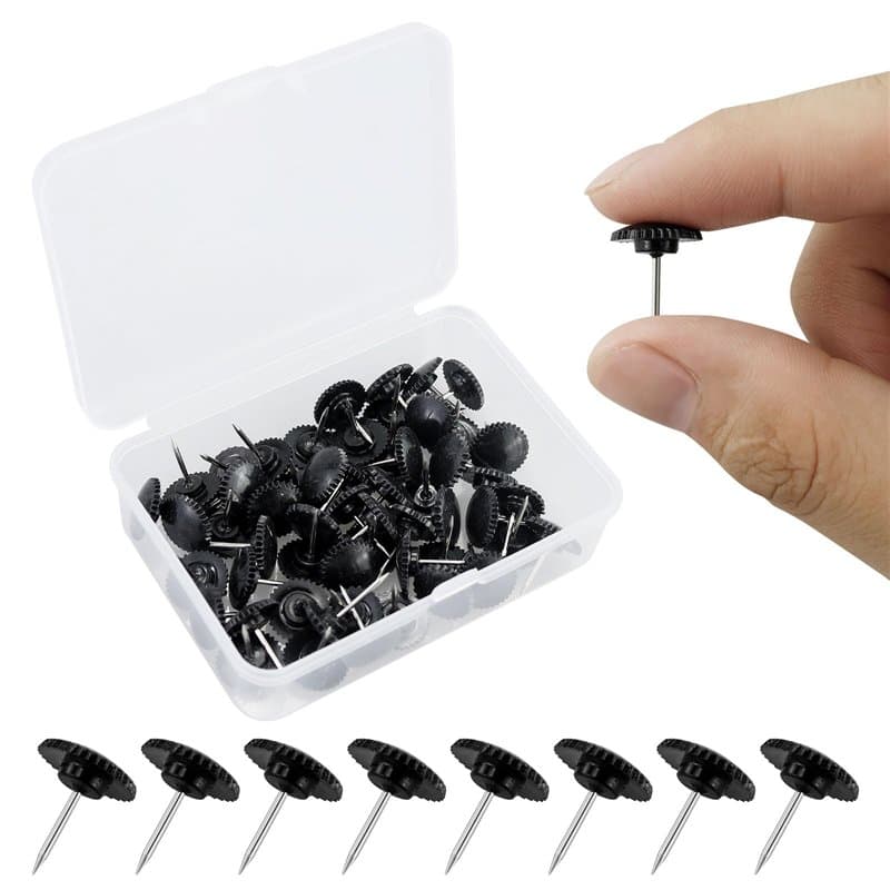 Lot de 55 punaises noires en forme de roue dentée en plastique pour tentures murales, pointe en acier, plaque de liège, punaises