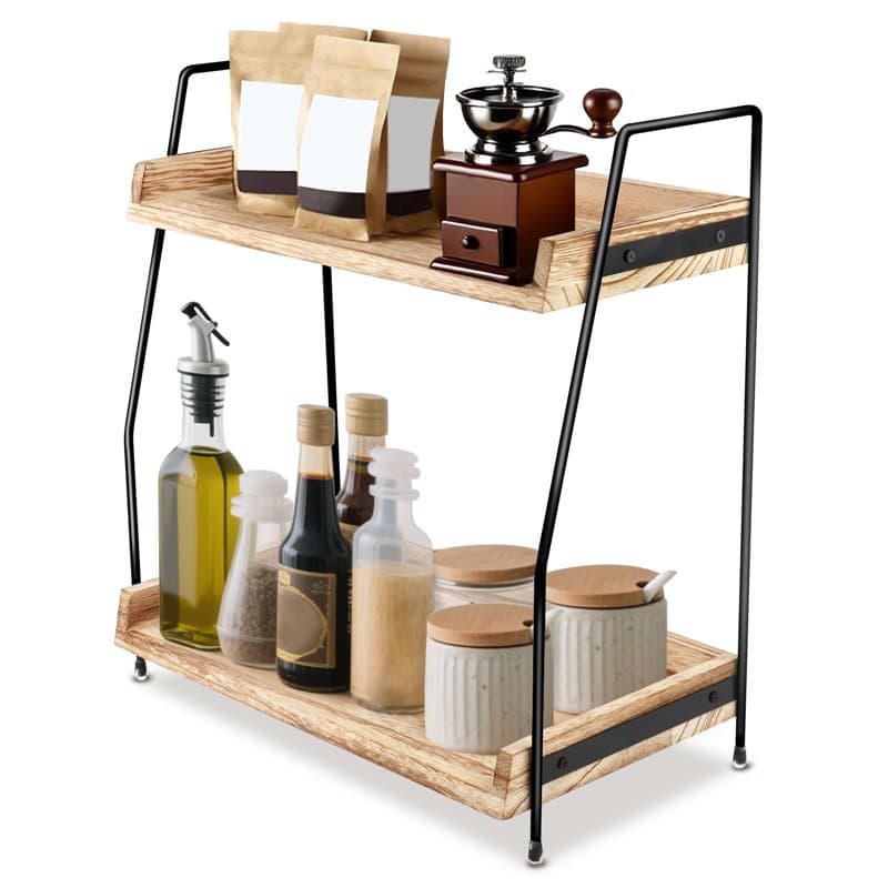 Étagère à Épices 2 Niveaux en Bois - Rangement de Cuisine Économiseur d'Espace - Étagère de Travail pour Épices, Café et Organis