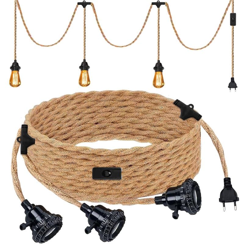 BORDEAG Douille De Lampe E27 6.8m, Suspendue Lustre Corde, Douille E27 Interrupteur, 3 Douille Fil Electrique Lustre Corde De Ch