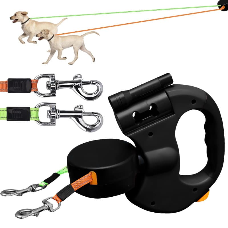 BORDEAG Laisse Double Rétractable pour Chien avec Lumière, Extensible pour Promener Deux Chiens Jusqu'À 50 LB