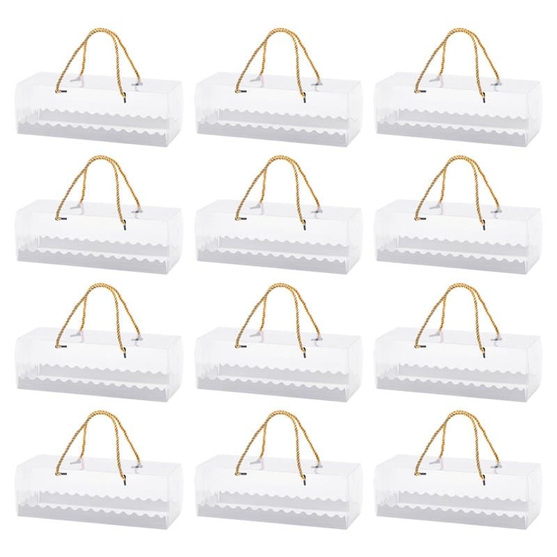 ZBHDEYG Lot de 12 boîtes à gâteau transparentes avec ficelle dorée - Avec feuilles de papier - Boîte à gâteau - Boîte à biscuits