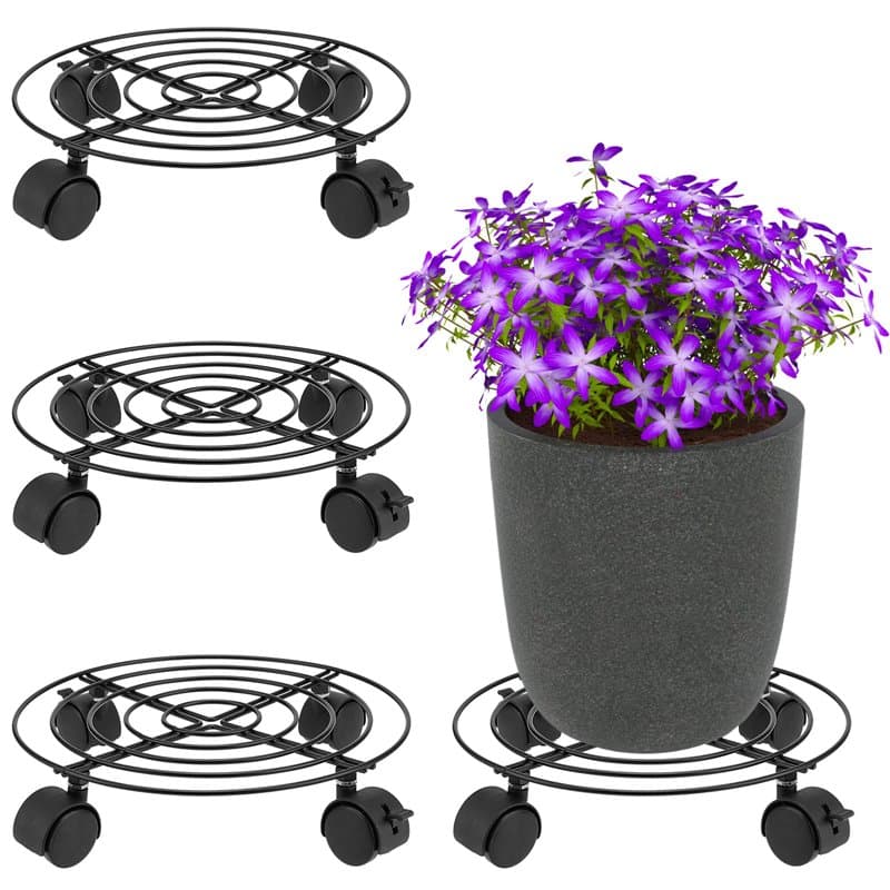 MUKLEI Lot de 4 support a roulette plante, support pot de fleur roulette ronds en métal de 27 cm de diamètre avec roues verrouil