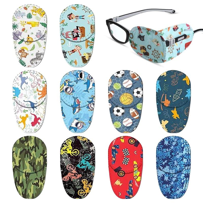 SYEYCW 10 Pièces Cache Oeil Enfant, Cache Oeil pour Lunettes, Eyepatch Réutilisable en Dessin Animé, Patchs Colorés pour Les Yeu