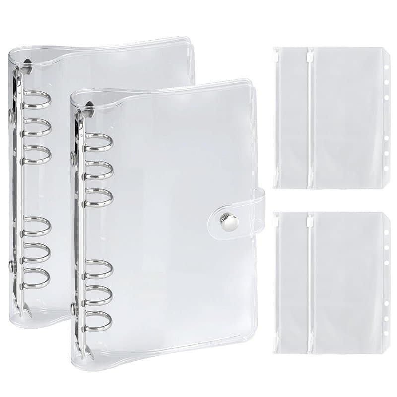 Lot de 2 classeurs à anneaux A6, transparentes, en PVC, rechargeables, avec bouton pression, protection pour bureau, école, jour