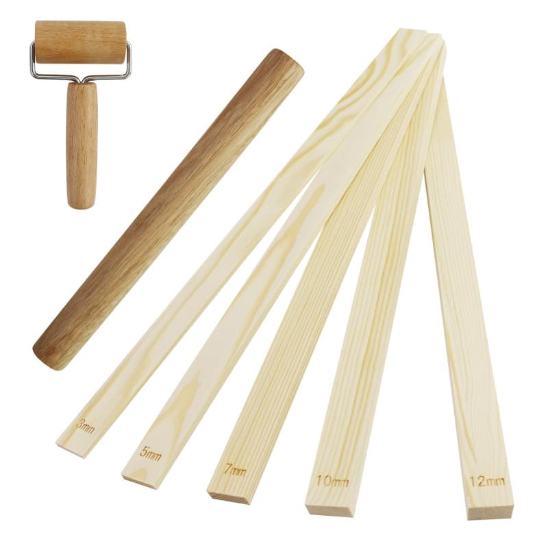 Lot de 11 baguettes de guidage de poterie et rouleau à pâtisserie en bois, ensemble de profondeurs en argile polymère, guides de