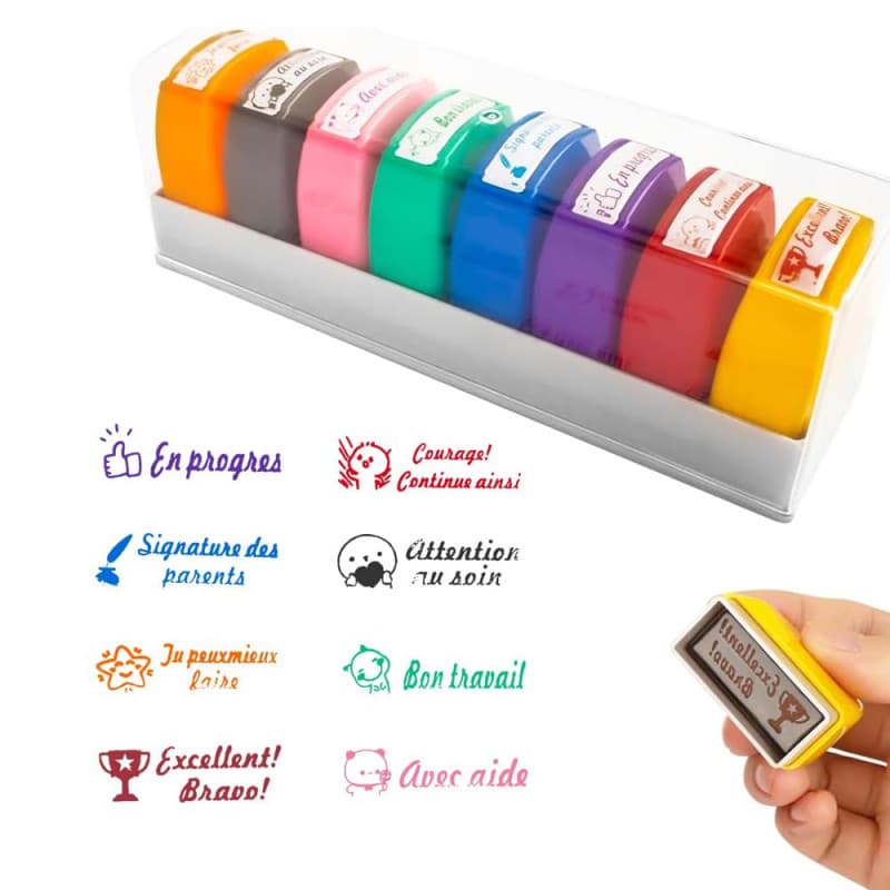 RNPKZ Tampon Encreur Enseignant Français, Lot de 8 Tampon Encreur pour Enfant,Tampons Auto Encreur TamponEnseignant Maternelle C