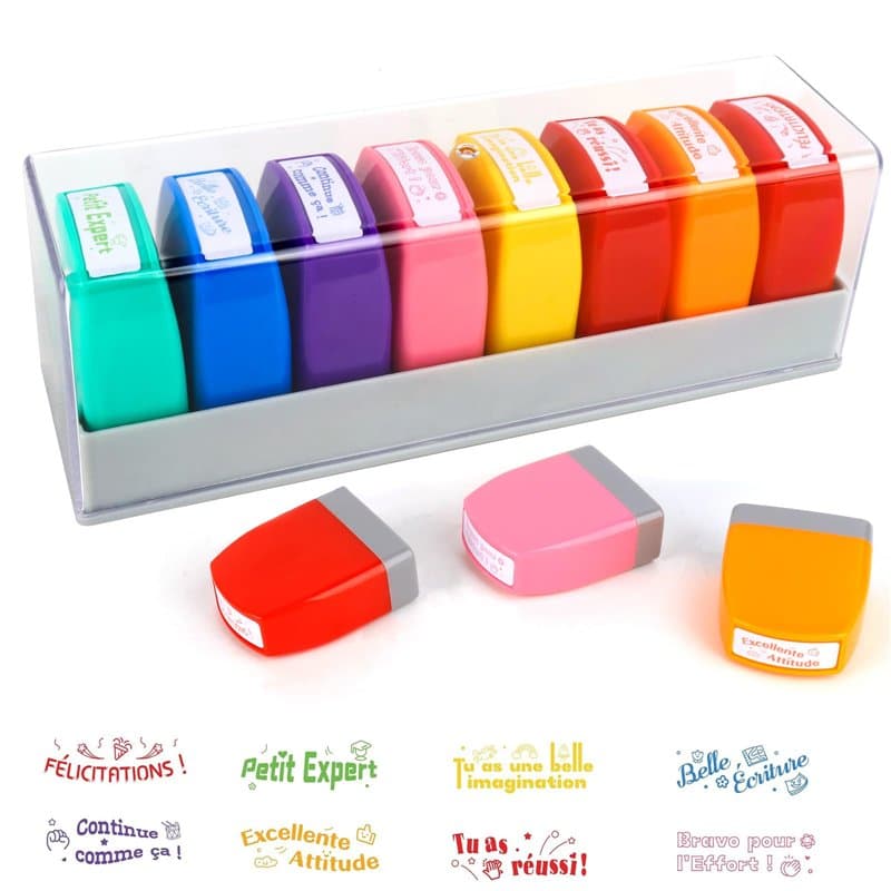 RNPKZ Tampon Encreur Enseignant Français, Lot de 8 Tampon Encreur pour Enfant,Tampons Auto Encreur Tampons Enseignant Maternelle