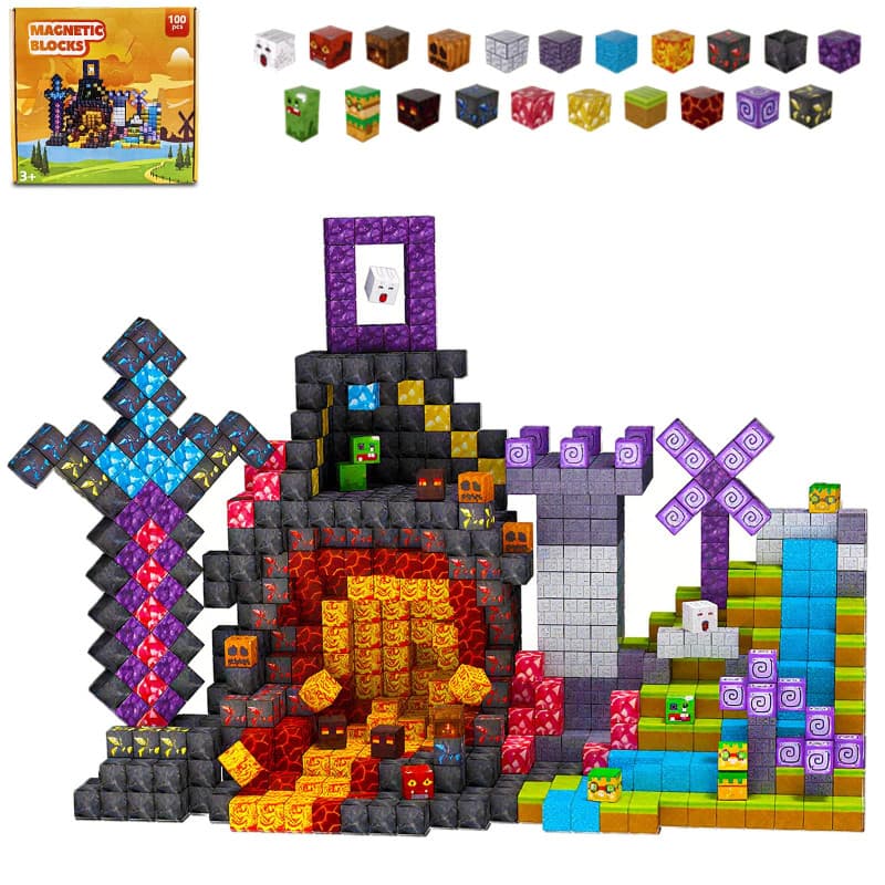 Blocs de Construction Magnétiques 100 Pièces, Construisez Votre Monde Magnétique Édition Volcan Lava, Cube Magnétique, Jouets Se