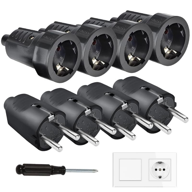 Lot de 8 Connecteurs Schuko, Kit Fiche Mâle + Prise Femelle 250V(16A), Ignifuge IP44, Prise D'alimentation, Jeu de Contacts de P