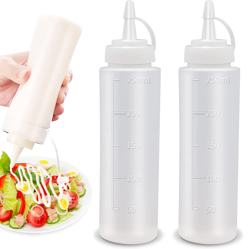 Kezidhp 2 Bouteilles Souples Transparentes 250ml - Pour Condiments, Sauces, Huile et Peinture - Flacons de Cuisine Pratiques ave