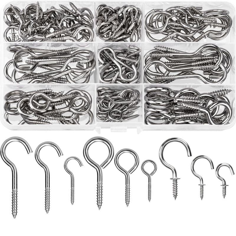 HATANSE 150 Pièce Crochets à Visser Inox 9 Tailles Crochet Lustre Plafond Crochets à Vis en Métal Screw in Hooks pour Lampes Clé