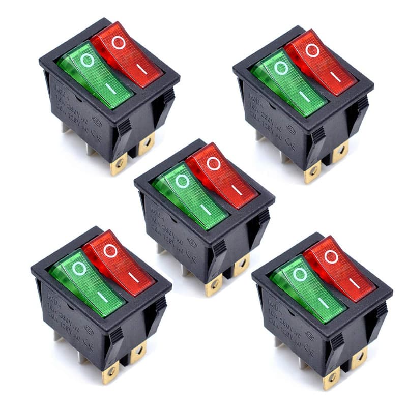 Oiyagai Lot de 5 Interrupteurs à Bascule de Bateau KCD4, AC 250V 16A, Lumière Rouge et Verte, 6 Bornes, ON/OFF Double SPST, à En