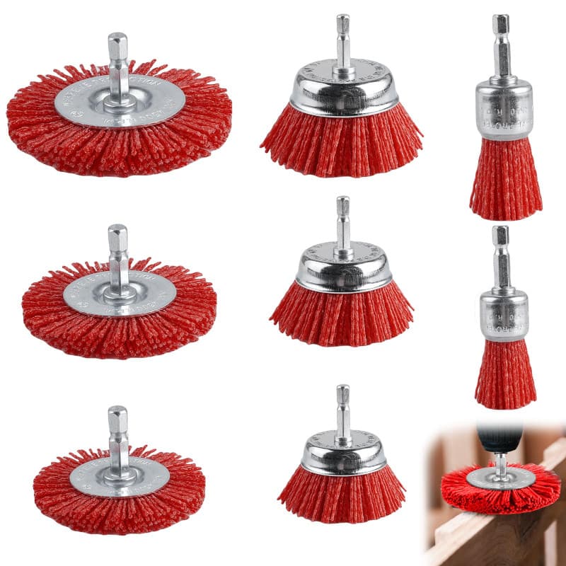 Lot de 8 brosses en nylon, fil de nylon avec tige hexagonale de 1/4" pour perceuse, 8 tailles de brosses de perçage en nylon pou