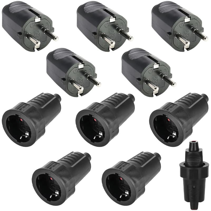 Lot de 5 paires de fiches Schuko - 250 V - 16 A - En caoutchouc - IP54 - Avec contact de protection - 2 broches - Extérieur étan