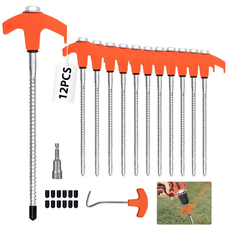 FOYIOLRU 12 Pièces Piquets de Tente à Visser 20cm avec Foreur Hexagonal, Piquet en Acier avec Filetage, Sardines Camping Robuste