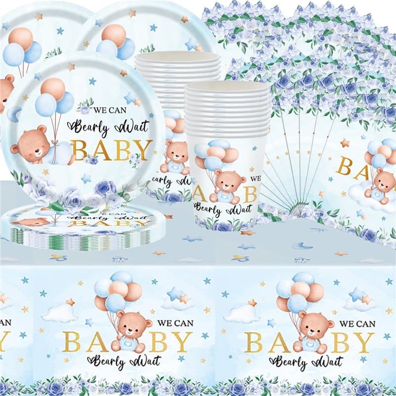 Lot de 61 pièces de vaisselle de fête à thème ours bleu - Décorations de fête d'anniversaire - Contient des gobelets en carton,