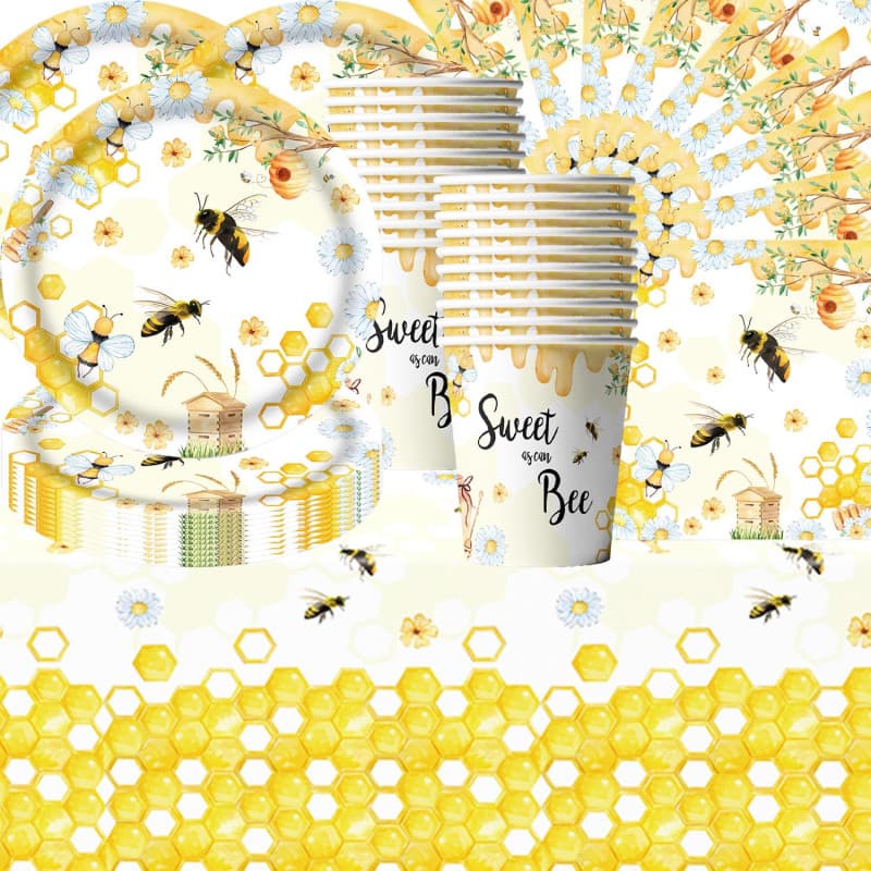 Lot de 61 pièces de vaisselle de pique-nique à thème abeille pour enfants - Comprend assiettes, tasses, serviettes et nappes pou