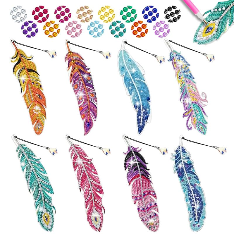 Lot de 8 Diamond Painting Marque Page,Marque Page Enfant Plume,Diamond Painting Petit Format Marque Page avec Accessoire Diamond