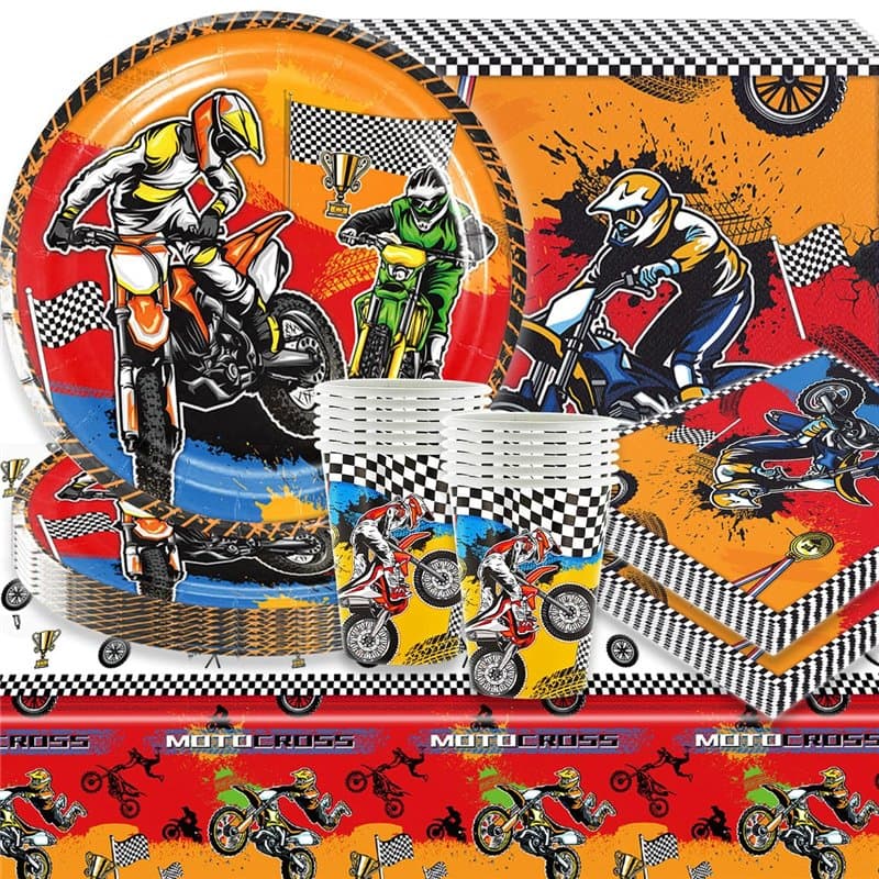 61 Pcs Vaisselle de Fête Anniversaire Motocross, SANYUANHE Vaisselle de Voiture de Course,Assiettes Nappe Gobelet Serviette etc