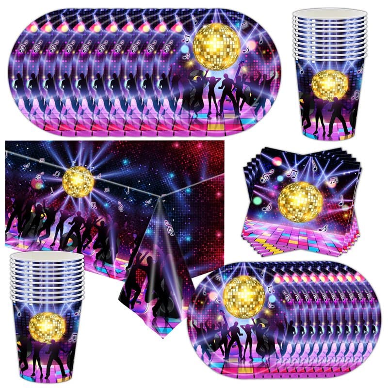 Shamoparty Lot de 61 décorations disco pour fête de 80 et 90 avec assiettes de 22,9 cm, gobelets, serviettes et grandes nappes -
