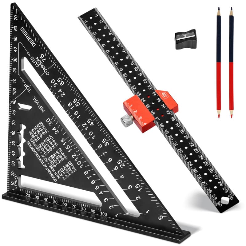 Equerre de Charpentier Set,180mm Equerre Menuisier,300mm 45°/ 90° Équerre Combinée,avec Marqueur de Trou Profond et Crayon Chant