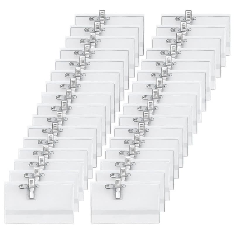 Lot de 105 badges nominatifs avec clip, 90 x 56 mm, transparents, pour vêtements, avec épinglette, pour bureau, école, voyage