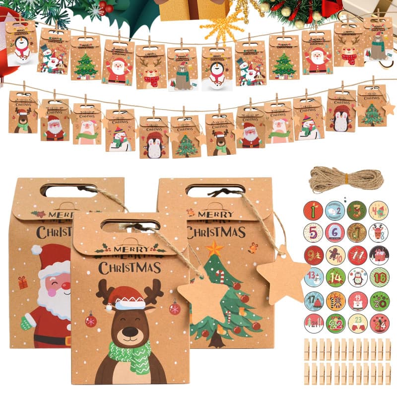 Calendrier de l'Avent à Remplir, 24 Sacs en Papier de Calendrier de l'Avent Vide à Remplir, Pochette Calendrier de l'Avent avec