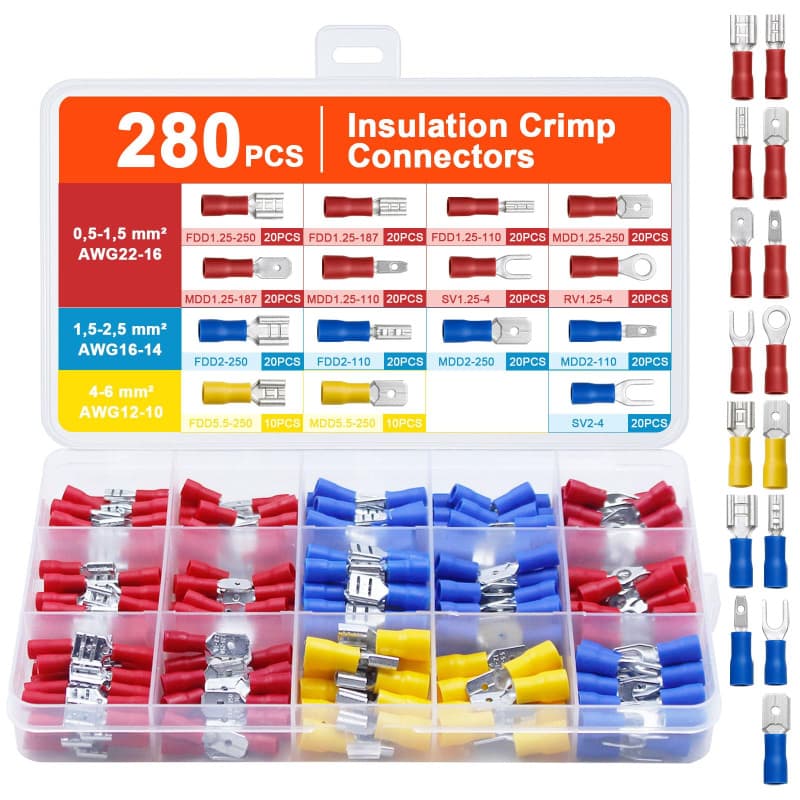 Druuzyl 280PCS Kit de Cosses à Sertir pour Voiture, 15 Types de Connecteurs Électriques Isolés (Mâle/Femelle) – Cosses Plates 2.