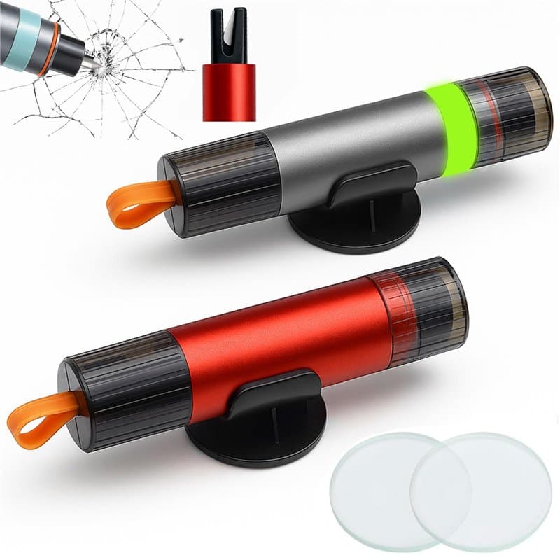 Zyluniy 2 Pièces Marteau de Sécurité pour Voiture, 2 en 1 Coupe Ceinture Brise Vitr avec Socle et Verre de Test, Brise Vitre Cou