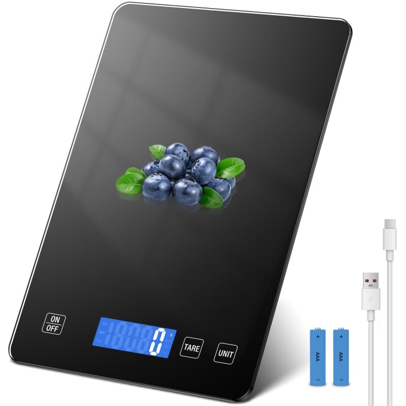 QEANY 15kg Balance de Cuisine Numérique, balance de cuisine rechargeable, verre trempé balance alimentaire, avec écran LCD, 5 Un