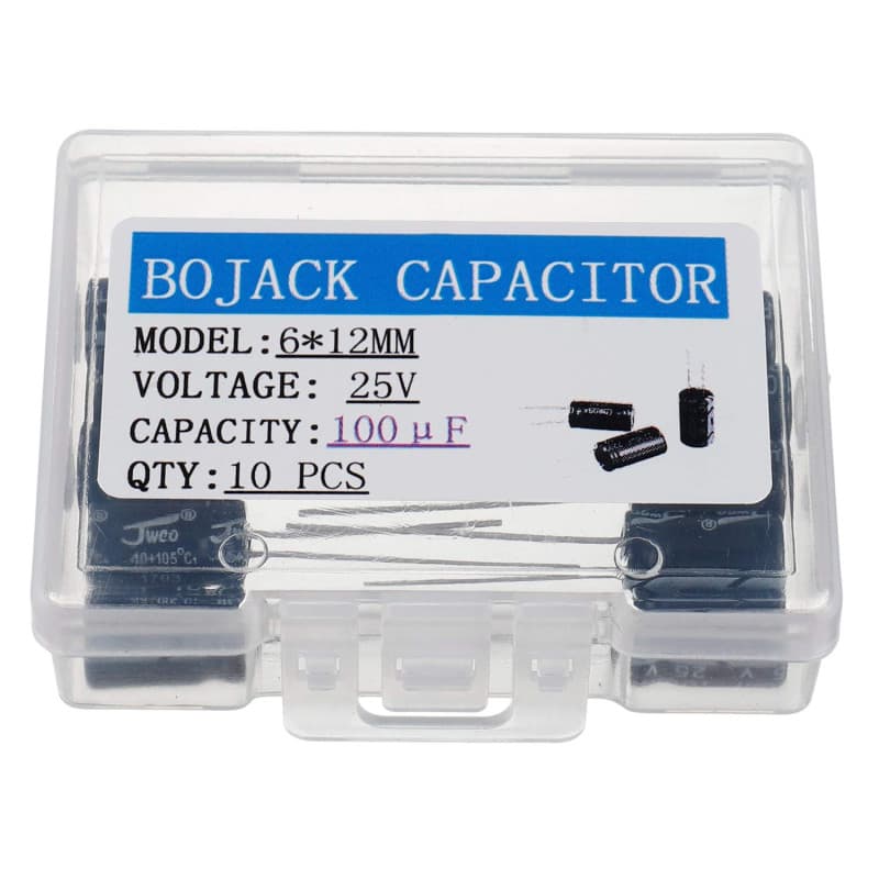 BOJACK 100uF 25V 6x12mm Condensateurs 100 MFD 25 Volts 0,24x0,47 pouce ± 20% Condensateurs électrolytiques en aluminium (paquet