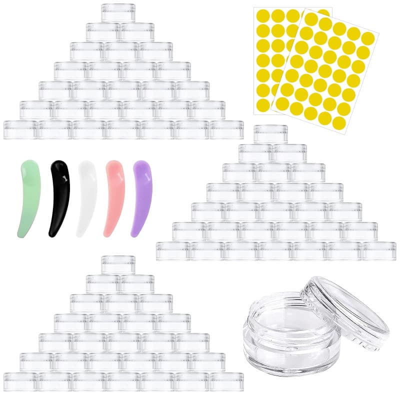 100 pots d'échantillons de voyage en plastique transparent de 5 ml/5 g avec couvercles, étiquettes, spatule, accessoires de maqu