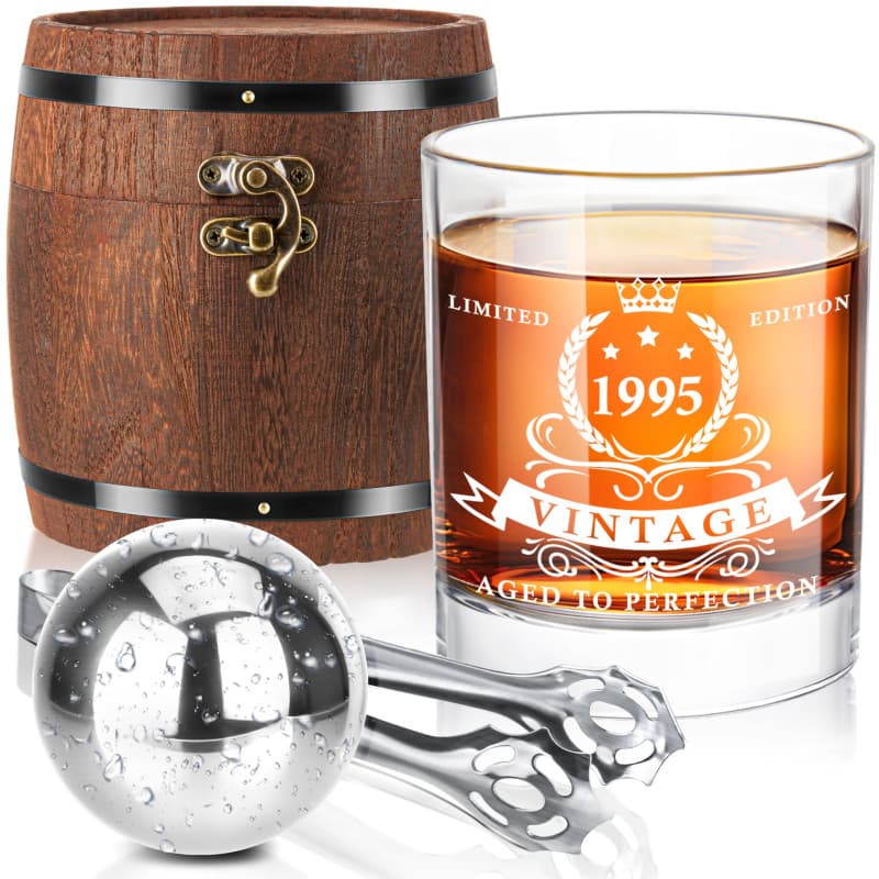 LIGHTEN LIFE Ensemble de verres à whisky 1995 dans une boîte tonneau, cadeau pour 30e anniversaire, cadeau d'anniversaire 1995 p