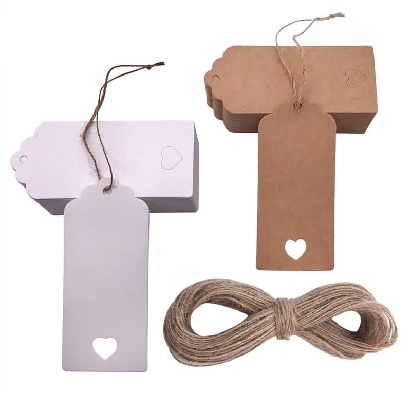 Absofine Lot de 100 étiquettes cadeaux en papier kraft avec cœur et ficelle de jute 30 m pour mariage, bricolage, étiquettes de