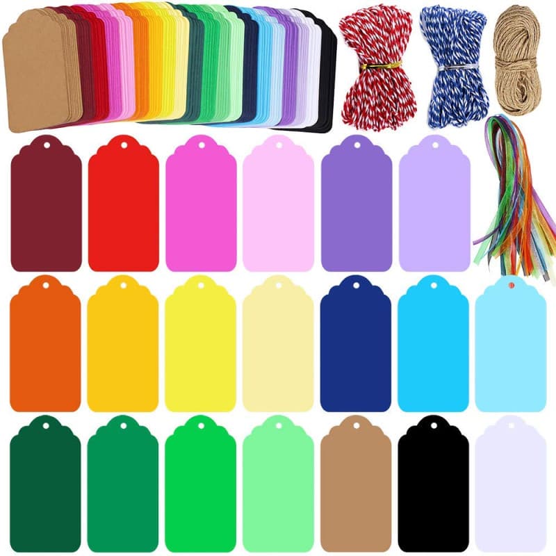 Étiquettes de cadeaux LATERN avec trou 200 Pcs 20 couleurs, étiquettes suspendues en papier Kraft signer avec une corde de 4 rou