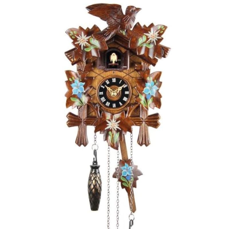 Horloge à coucou en bois véritable - Pendule à coucou fonctionnant sur piles, horloge à quartz, avec bruit de coucou, peinte, 22