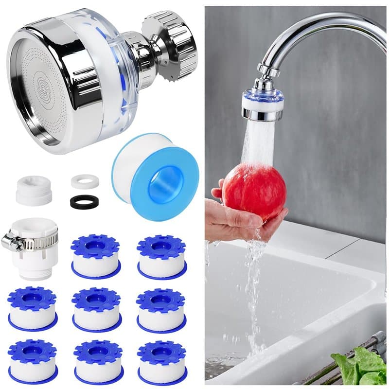 Zuxbolf Filtre Eau Robinet à 360°, Filtre Robinet Anti Calcaire Universel avec 8 Eléments Filtrants en Coton PP, 2 Adaptateur et