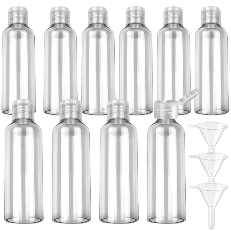 GAOMESIA 10 Pièces Flacons de Voyage 100ml avec 3 Entonnoirs, Bouteilles Vides en Plastique Transparentes, Contenants Rechargeab