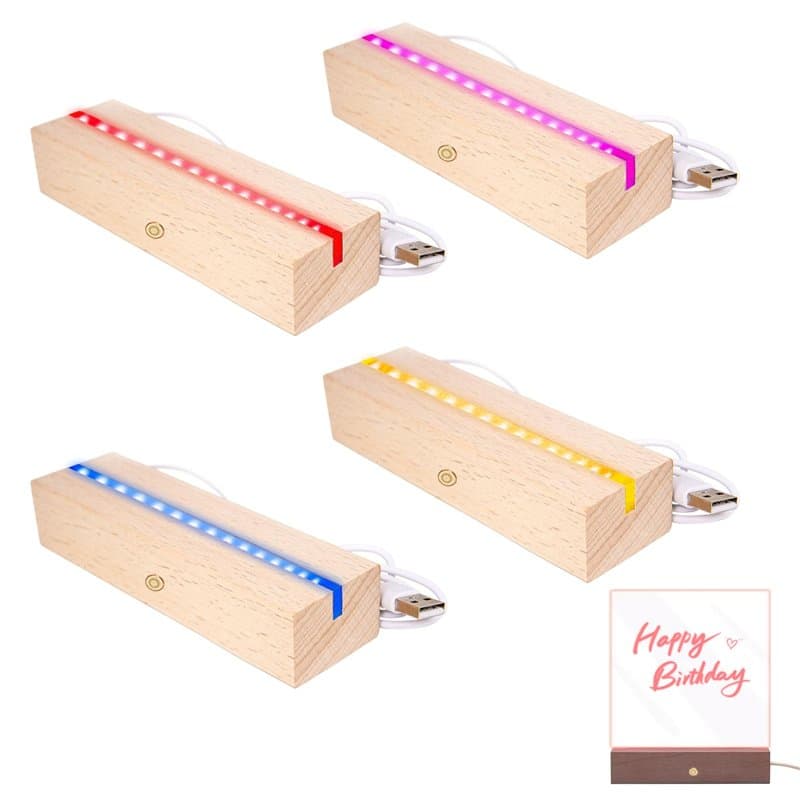 Sporgo Lot de 4 socles LED : socle lumineux LED 7 couleurs socle en bois, éclairage LED base d'affichage USB avec interrupteur,