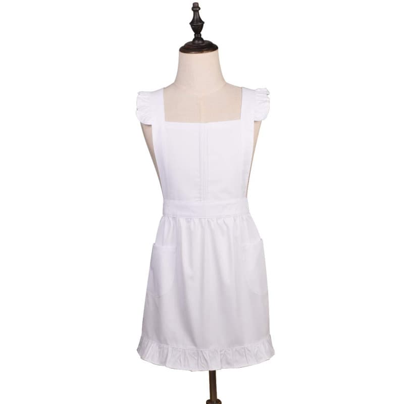 Love Potato Tablier de cuisine réglable en coton blanc rétro Cosplay Maid Tablier avec poches, blanc, 25W x 29L