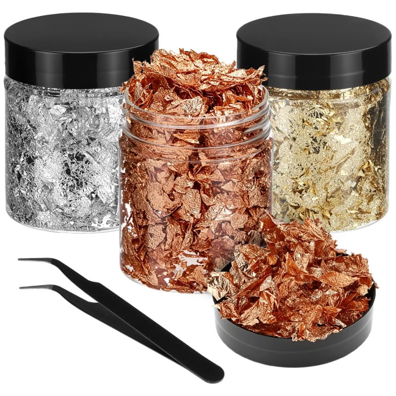 QWORK® 30g Set de flocons en feuilles d'or - 3 bouteilles (Or, Argent, Cuivre) de 10 g avec pince àépiler pour bricolage & art