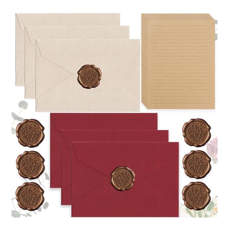 Lot de 32 feuilles de papier à lettre vintage avec 6 enveloppes en lin et sceau de cire 20 feuilles A5 vintage en papier kraft p