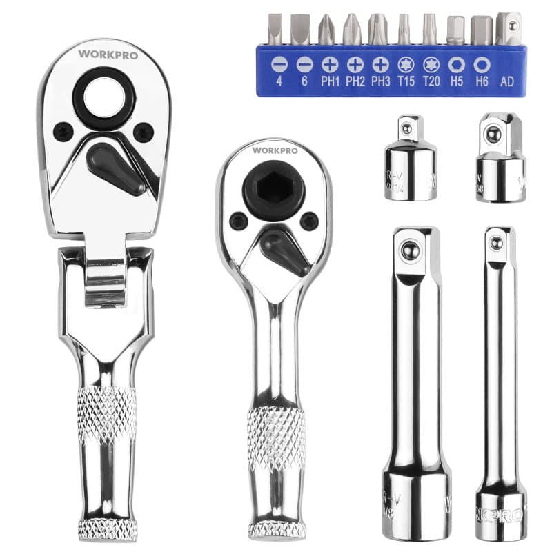WORKPRO Mini Clé à Cliquet et Jeu d'Embouts de Tournevis, 1/4" Clé à Cliquet à Double Tête, 3/8" Cliquet Court à Tête Flexible,