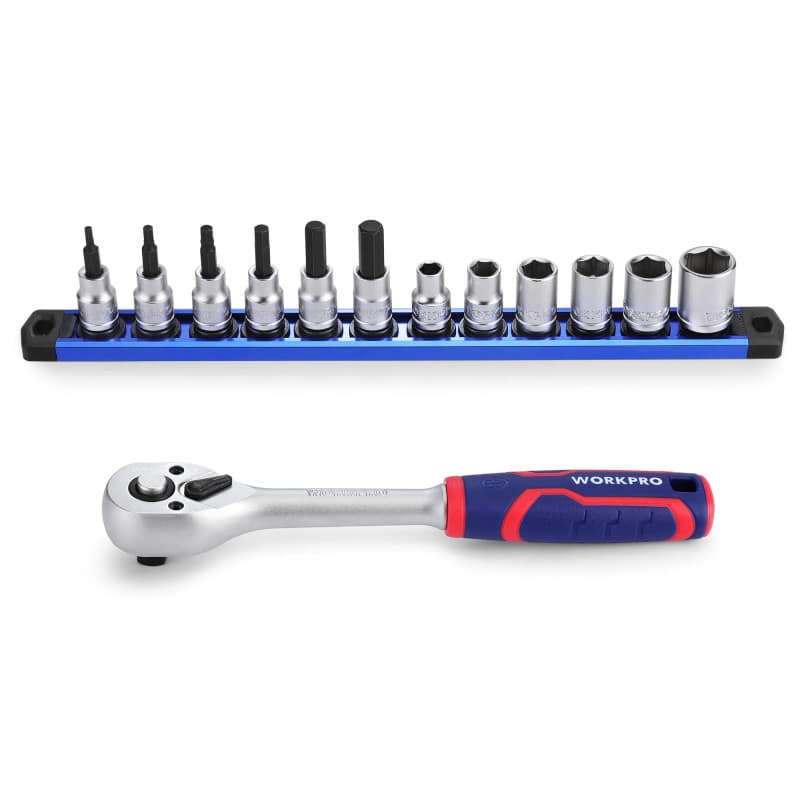 WORKPRO Ensemble de Clés à Cliquet 3/8" à Dégagement Rapide, 72 Dents, Douilles Cr-V et Barre Magnétique pour Douilles - 14 Pièc