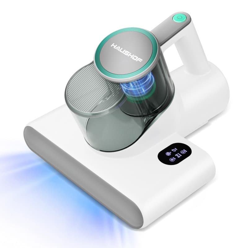 HAUSHOF Aspirateur Anti-Acariens, Aspirateur Matelas 16 kPa avec Lumière UV-C 275 nm, Chaleur 60 °C, Ultrasons, Fonction Anion,